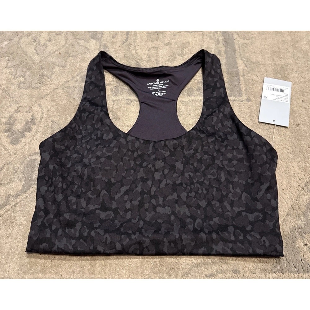 Antonio Melani Longline Sports Bra Sz Large Black Animal Print Unpadded New